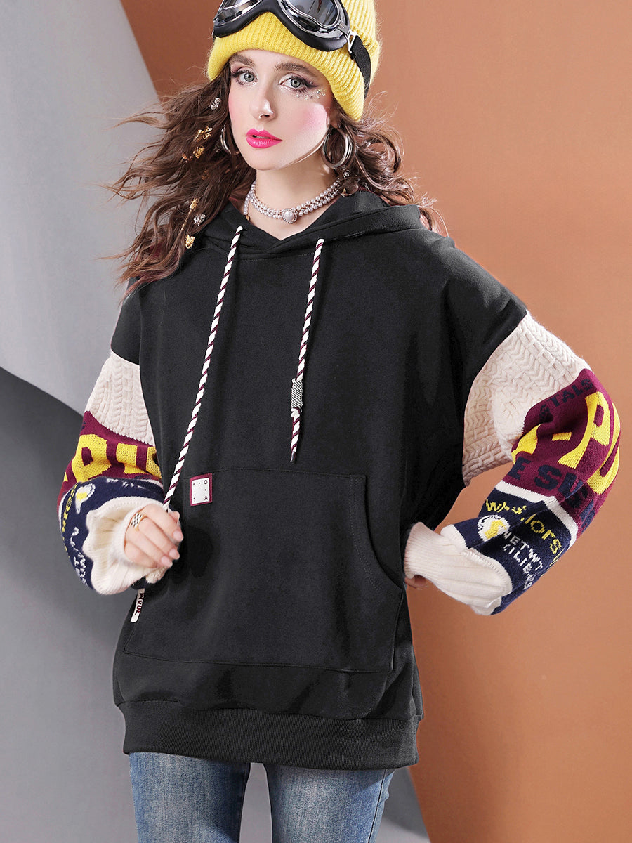 Winter mid-length plus velvet thickened knitted splicing oversized warm casual women's hoodie