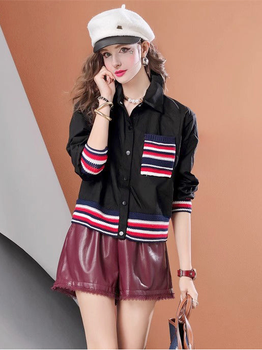 Lvvmeeu street style knitted stitching solid color short women's casual shirt