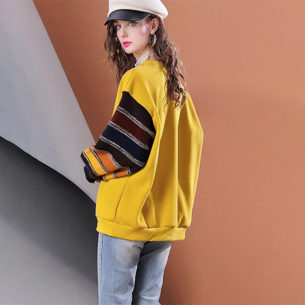 Lvvmeeu streetwear oversized thickened striped knitted patchwork lantern sleeve women's hoodie