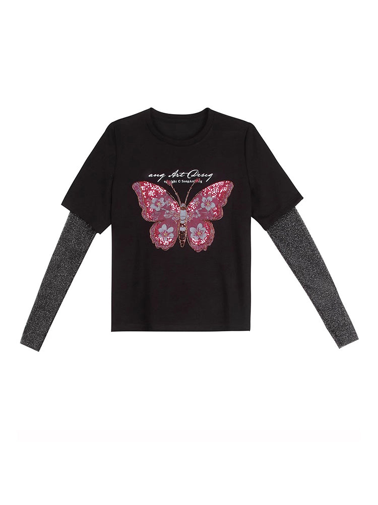 Lvvmeeu streetwear fake two-piece butterfly diamond women's long-sleeved T-shirt