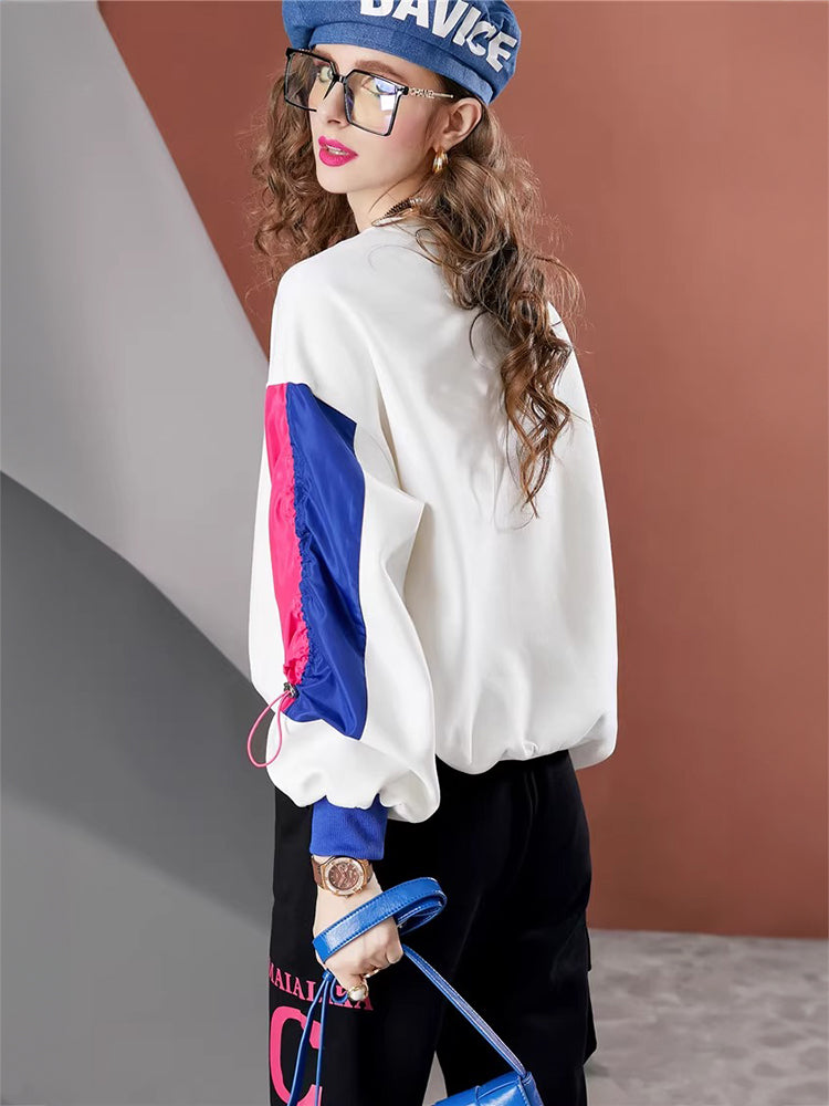 Lvvmeeu street style contrast color stitching fashion diamond round neck loose women's hoodie