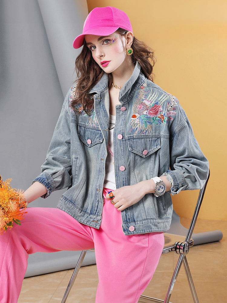 Lvvmeeu streetwear plant flower embroidery loose plus size women's denim jacket