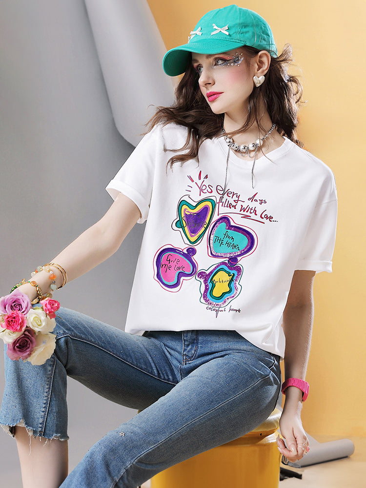 Lvvmeeu street style basic solid color printed women's short-sleeved cotton t-shirt