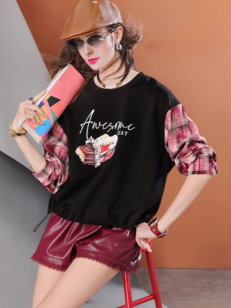 Lvvmeeu street style plaid patchwork loose print round neck women's sports hoodie