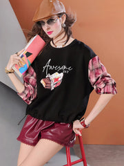 Lvvmeeu street style plaid patchwork loose print round neck women's sports hoodie