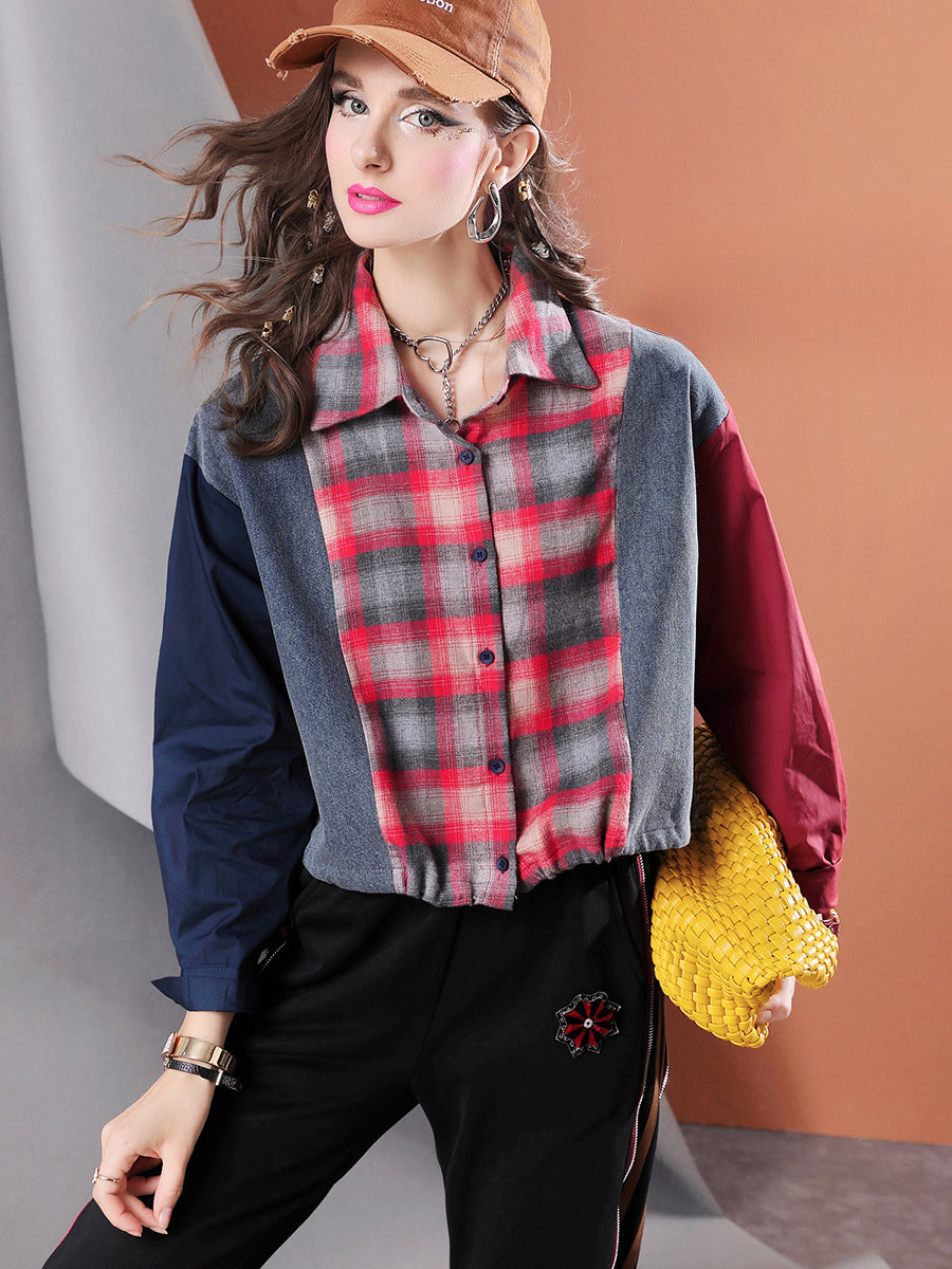 plaid spliced denim shirt