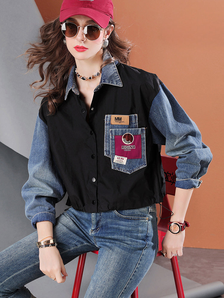 Lvvmeeu streetwear high quality denim stitching short women's casual shirt