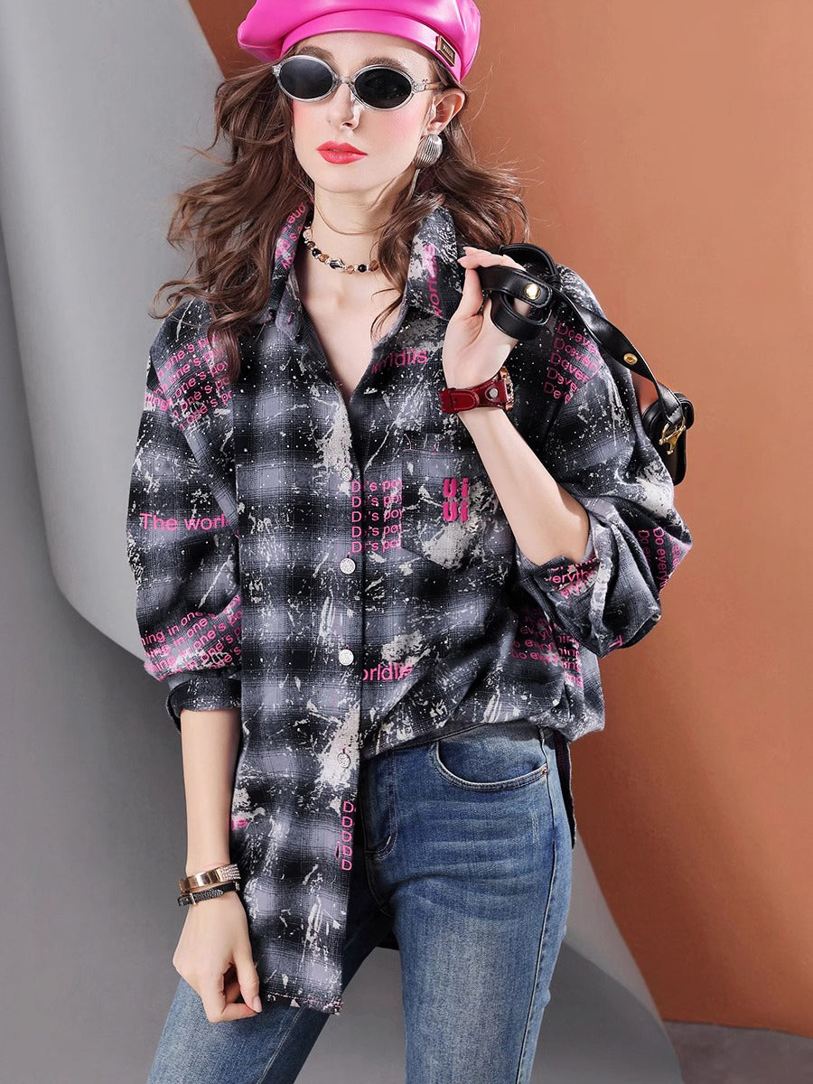 Lvvmeeu streetwear Midi Oversized Women's Casual Plaid Shirt