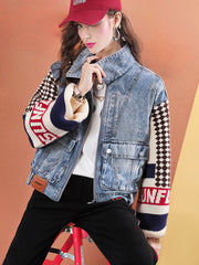 Lvvmeeu streetwear knitted stitching loose women's casual denim jacket