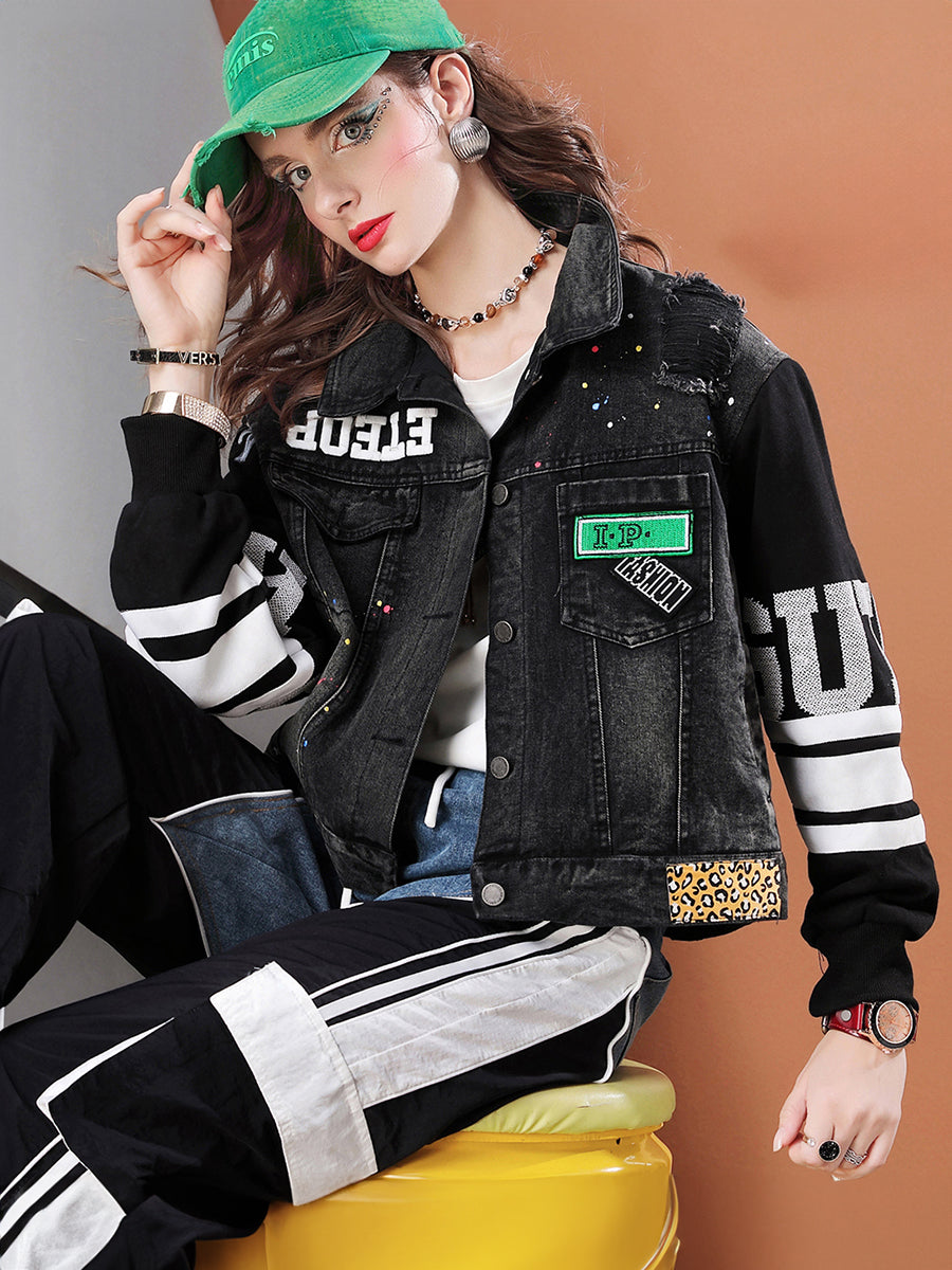 Lvvmeeu streetwear high quality knitted patchwork diamond loose short women's casual denim jacket