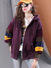 Winter plus velvet thickened knitted patchwork oversized loose hooded long-sleeved women's casual jacket