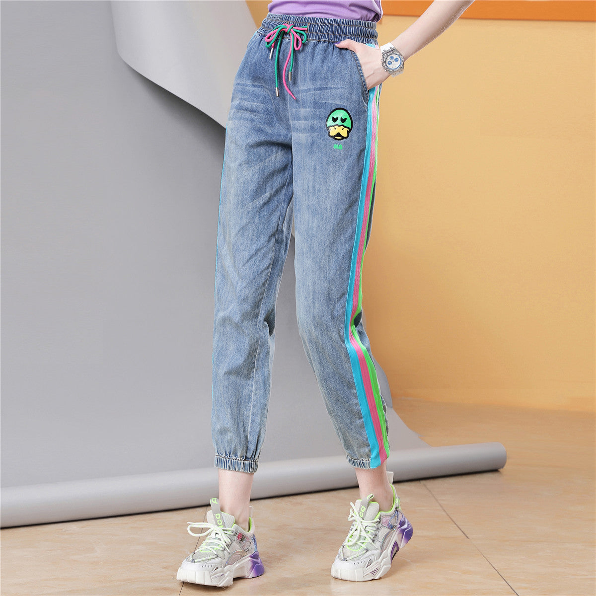 Elastic Waist Side Stripe Stitching Cartoon Print Women's Casual Cuffed Pants Harem Pants Trousers