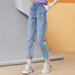 Elastic Waist Side Stripe Stitching Cartoon Print Women's Casual Cuffed Pants Harem Pants Trousers