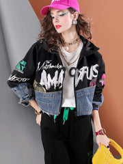 Lvvmeeu streetwear letter print short denim patchwork women's hooded jacket