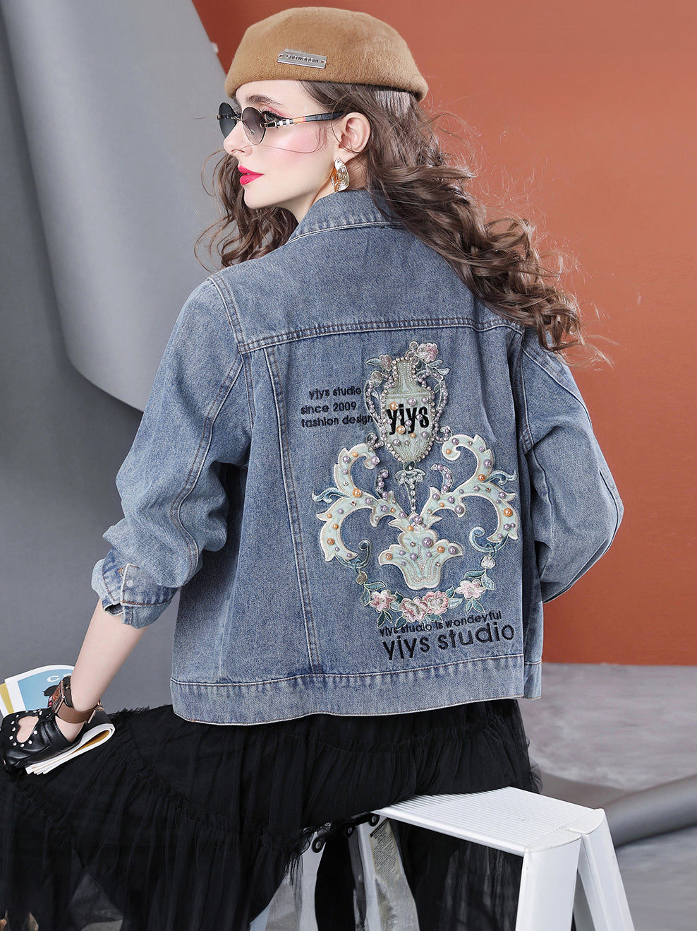 Lvvmeeu streetwear plant flower embroidery beading loose women's denim jacket