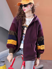 Winter plus velvet thickened knitted patchwork oversized loose hooded long-sleeved women's casual jacket