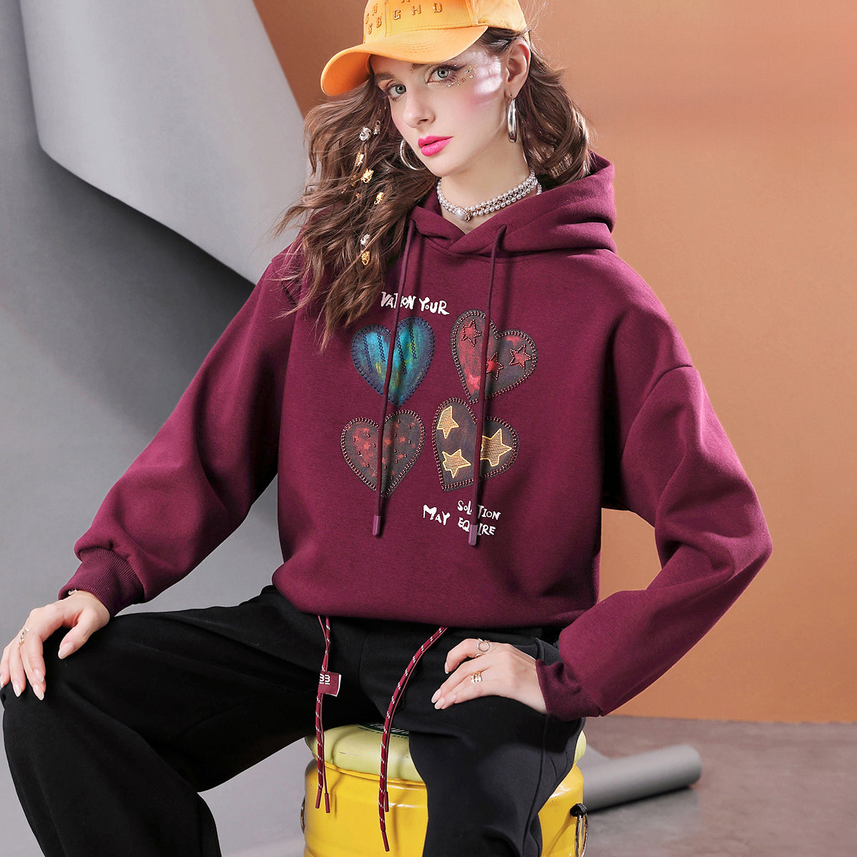 Lvvmeeu streetwear Winter plus velvet thick retro oversized women's casual hoodie long sleeve hooded tops women's clothing