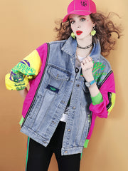 Lvvmeeu streetwear oversized contrast color stitching loose women's denim jacket