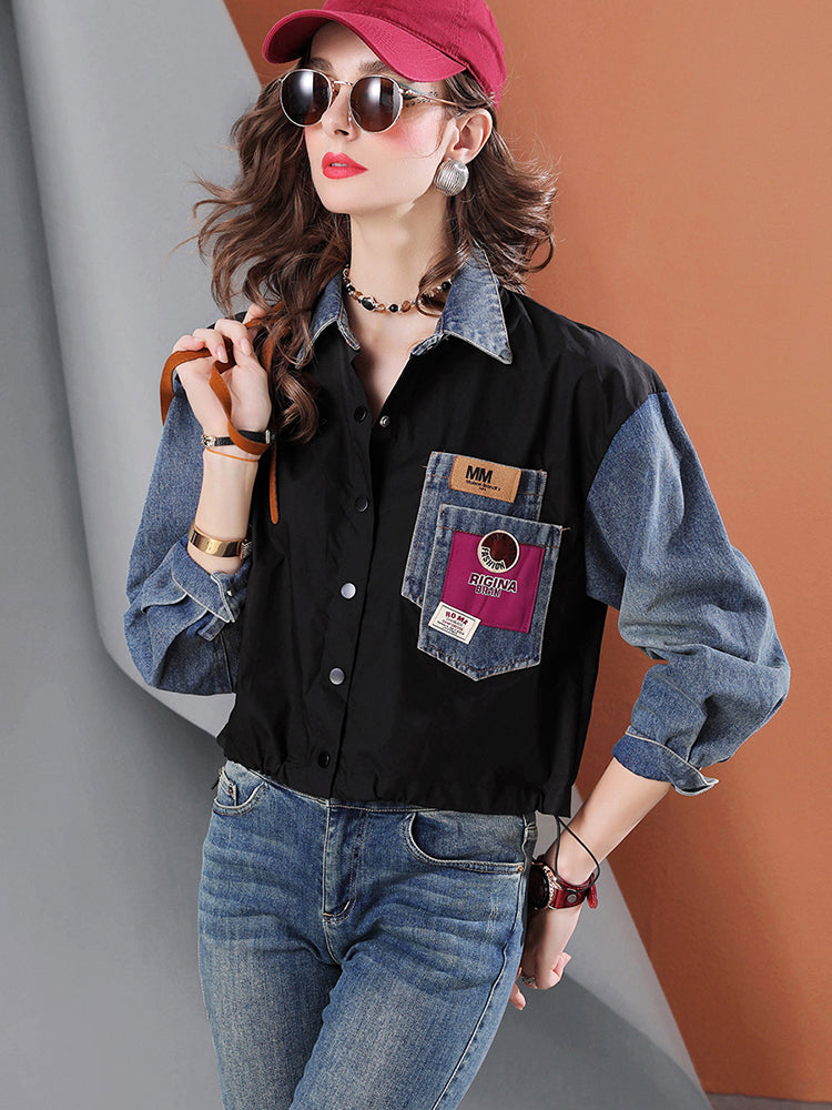 Lvvmeeu streetwear high quality denim stitching short women's casual shirt