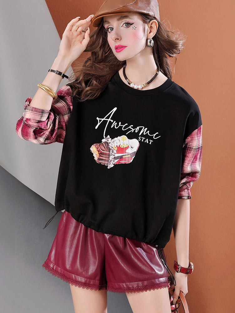 Lvvmeeu street style plaid patchwork loose print round neck women's sports hoodie