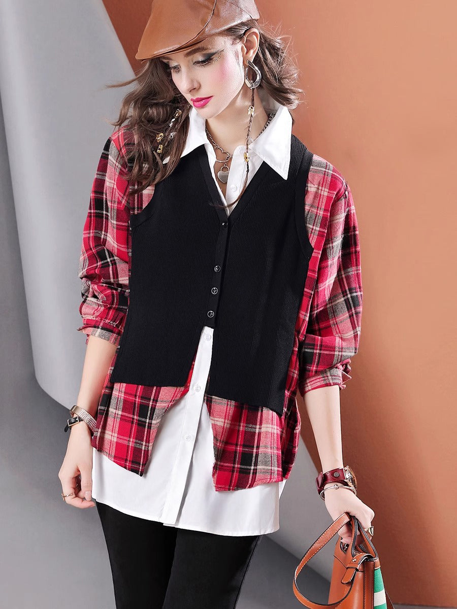 Red plaid spliced shirt