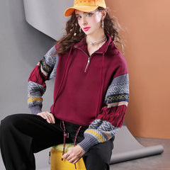 Lvvmeeu streetwearWinter plus velvet thickened knitted patchwork loose warm women's casual hoodie sweatshirt