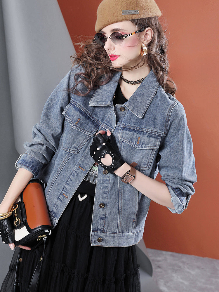 Lvvmeeu streetwear plant flower embroidery beading loose women's denim jacket