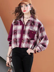 Lvvmeeu streetwear burgundy cropped single-breasted casual women's plaid shirt