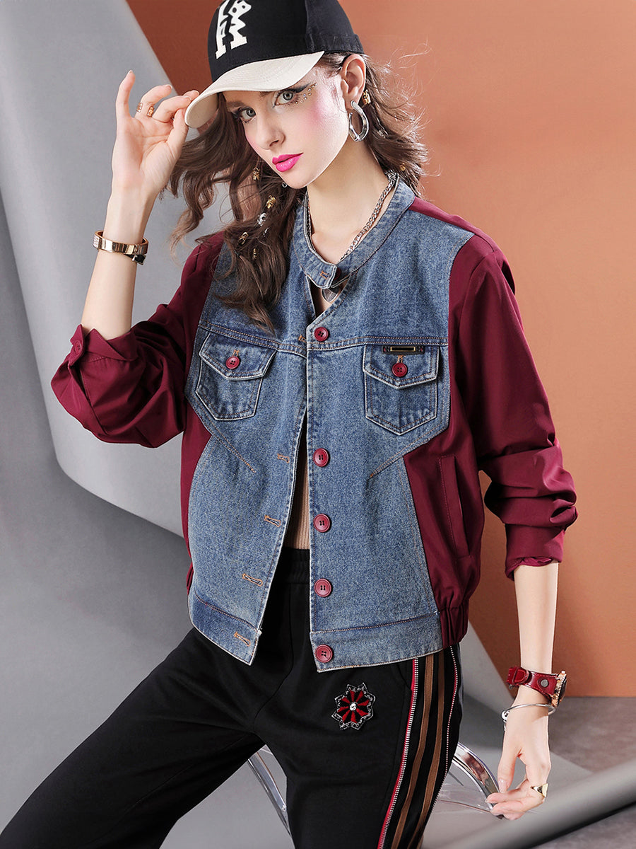 Lvvmeeu streetwear high quality denim patchwork short women's jacket cardigan top