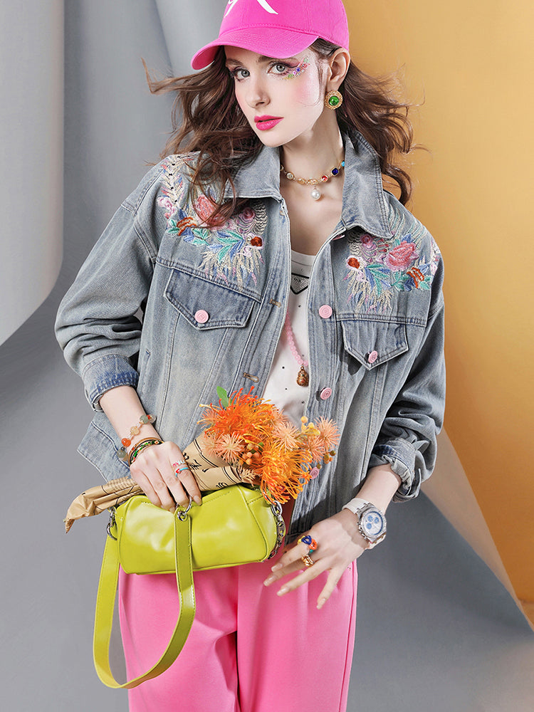 Lvvmeeu streetwear plant flower embroidery loose plus size women's denim jacket