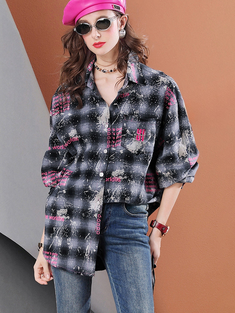 Lvvmeeu streetwear Midi Oversized Women's Casual Plaid Shirt