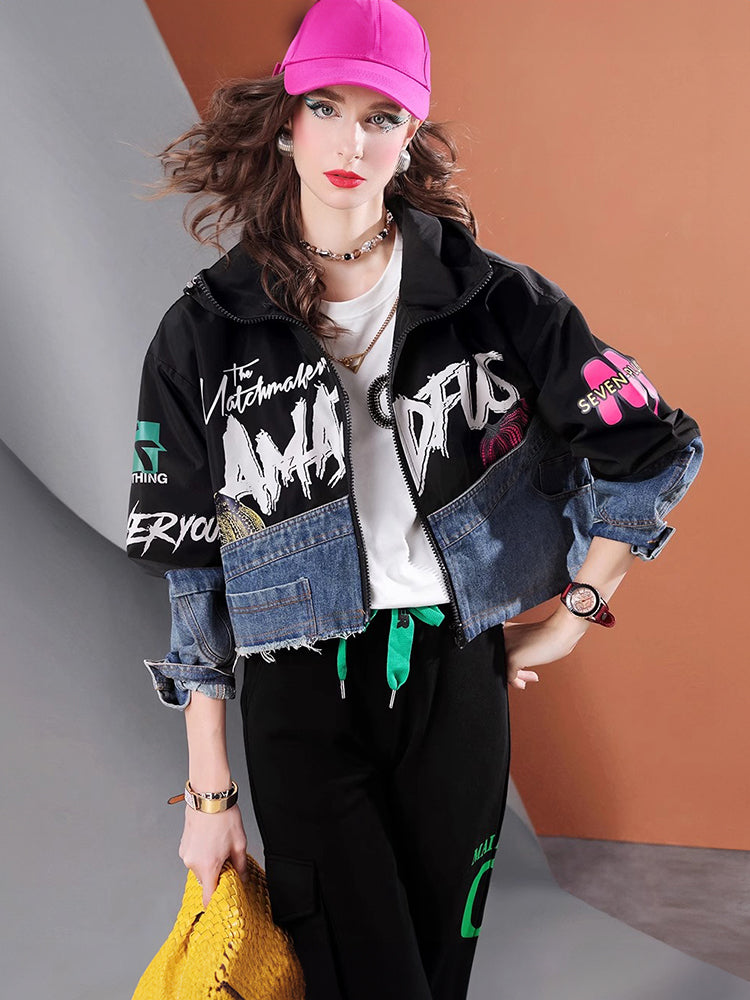 Lvvmeeu streetwear letter print short denim patchwork women's hooded jacket