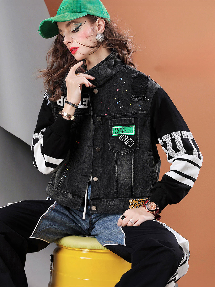 Lvvmeeu streetwear high quality knitted patchwork diamond loose short women's casual denim jacket