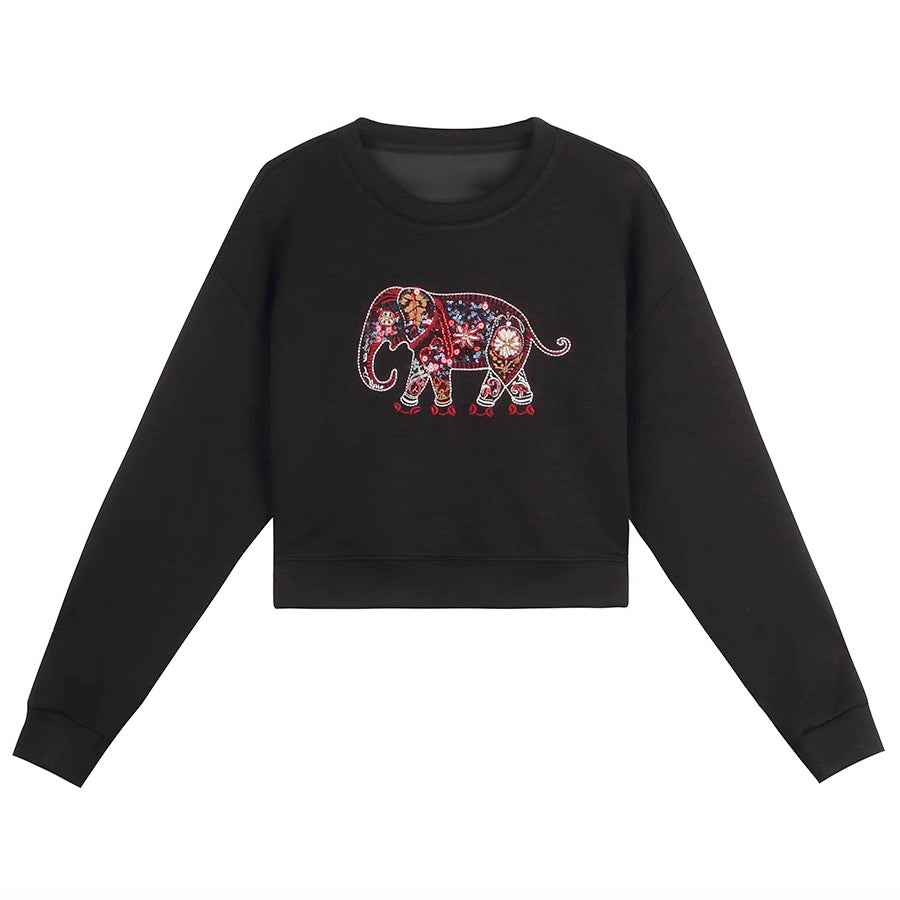 Lvvmeeu street style short cartoon elephant embroidery loose women's hoodie