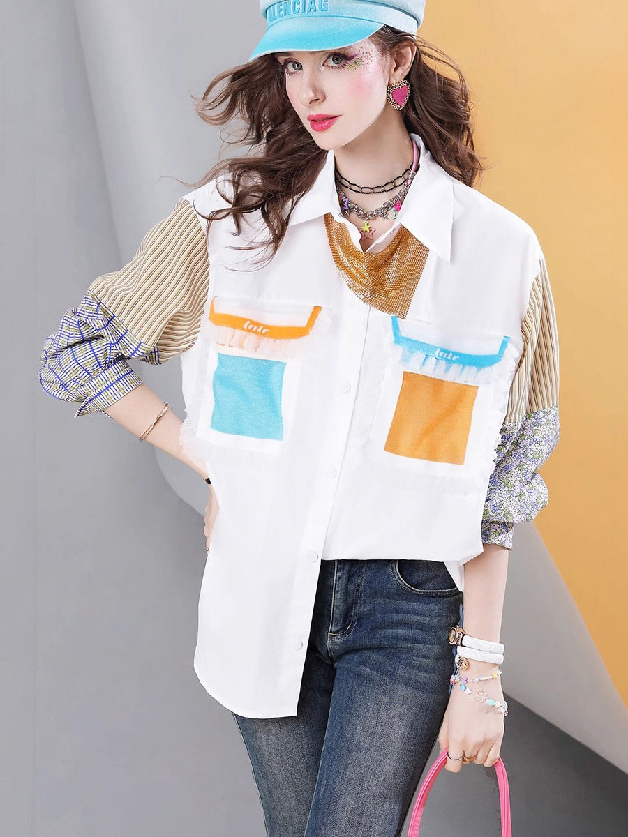 Lvvmeeu streetwear high quality medium and long vertical stripes stitching oversized white women's casual shirt