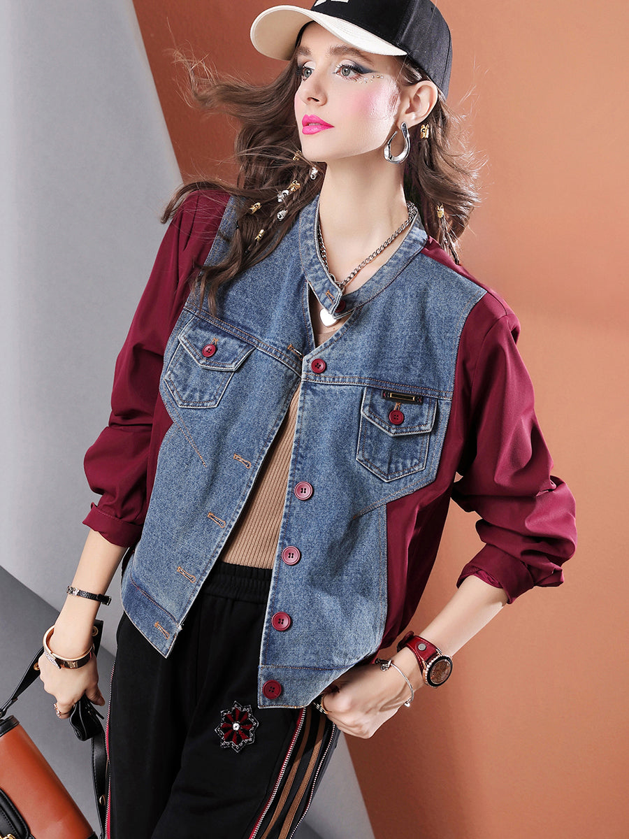 Lvvmeeu streetwear high quality denim patchwork short women's jacket cardigan top