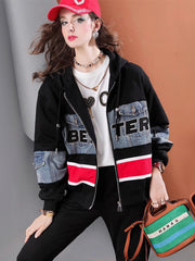 Lvvmeeu streetwear women's denim patchwork oversized loose women's hooded jacket