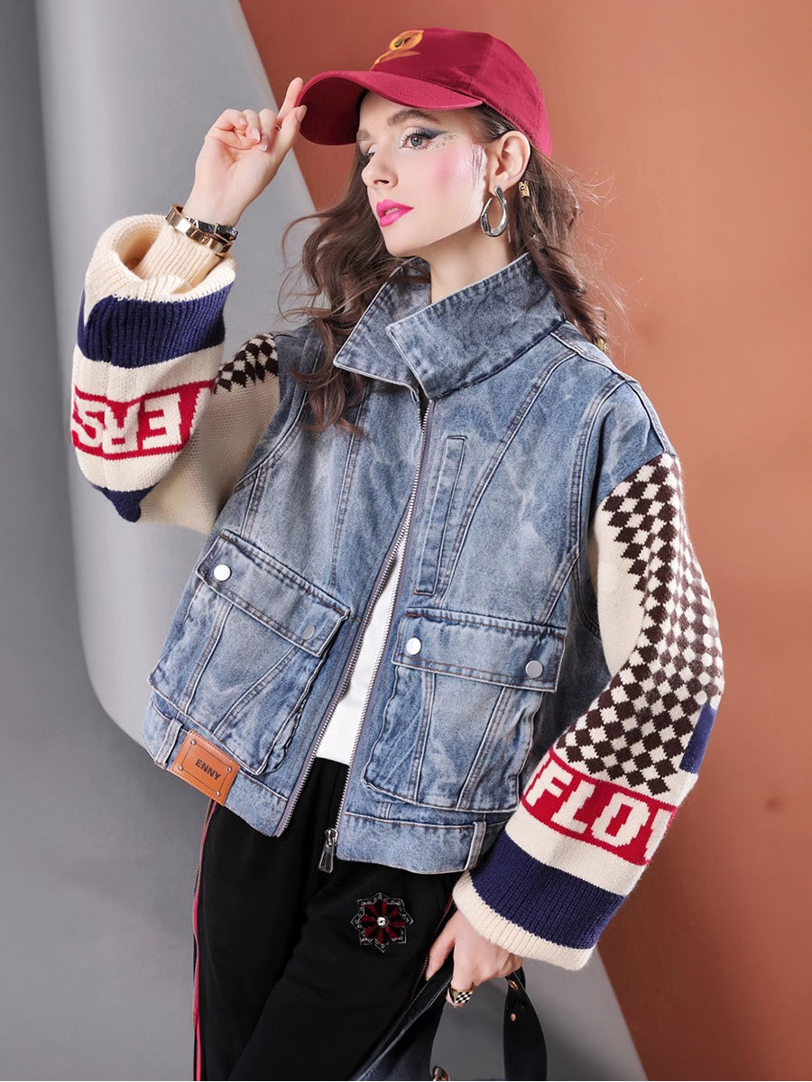 Lvvmeeu streetwear knitted stitching loose women's casual denim jacket