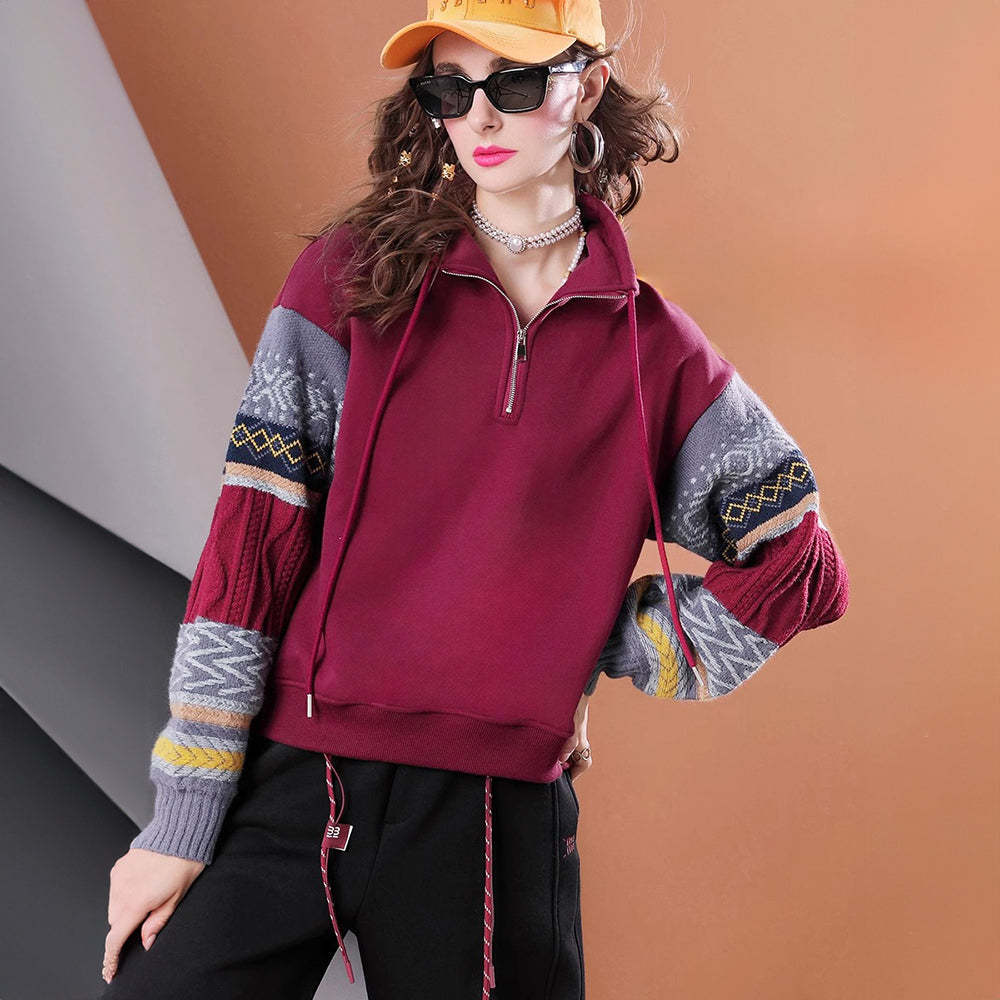 Lvvmeeu streetwearWinter plus velvet thickened knitted patchwork loose warm women's casual hoodie sweatshirt