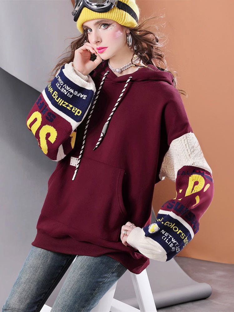 Winter mid-length plus velvet thickened knitted splicing oversized warm casual women's hoodie