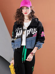 Lvvmeeu streetwear letter print short denim patchwork women's hooded jacket