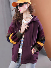 Winter plus velvet thickened knitted patchwork oversized loose hooded long-sleeved women's casual jacket