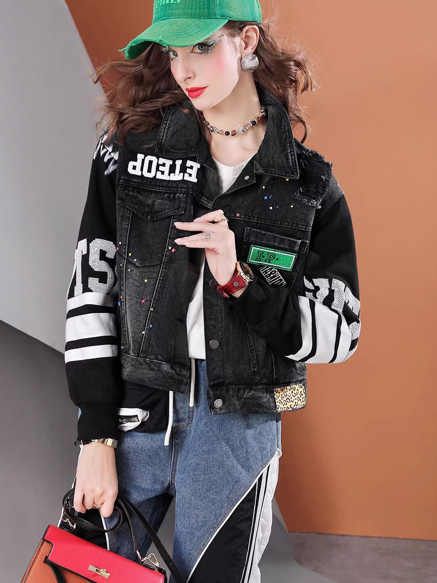 Lvvmeeu streetwear high quality knitted patchwork diamond loose short women's casual denim jacket