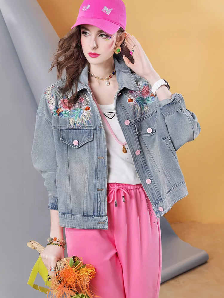 Lvvmeeu streetwear plant flower embroidery loose plus size women's denim jacket