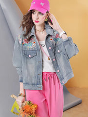 Lvvmeeu streetwear plant flower embroidery loose plus size women's denim jacket