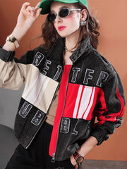 Lvvmeeu street style short contrast color stitching casual women's denim jacket