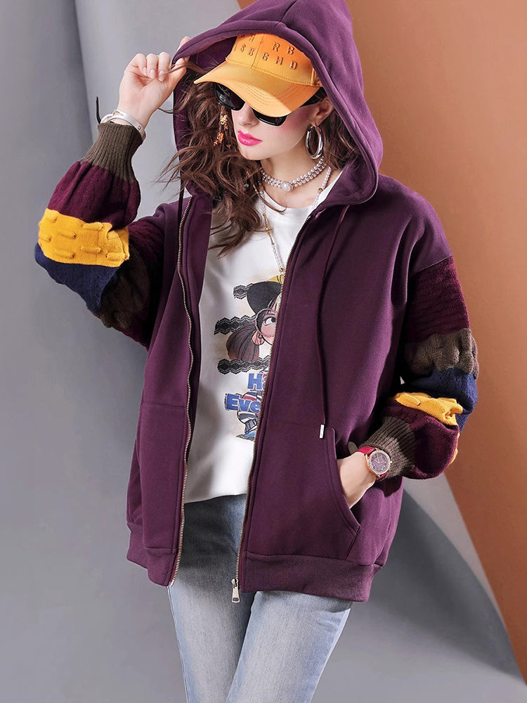 Winter plus velvet thickened knitted patchwork oversized loose hooded long-sleeved women's casual jacket