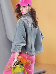 Lvvmeeu streetwear plant flower embroidery loose plus size women's denim jacket