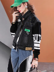 Lvvmeeu streetwear high quality knitted patchwork diamond loose short women's casual denim jacket