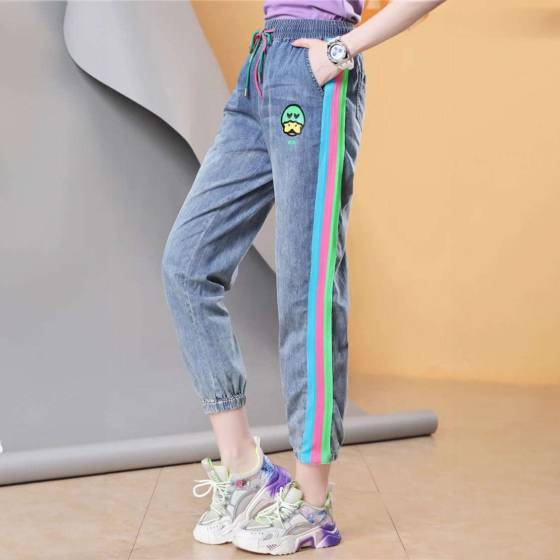 Elastic Waist Side Stripe Stitching Cartoon Print Women's Casual Cuffed Pants Harem Pants Trousers